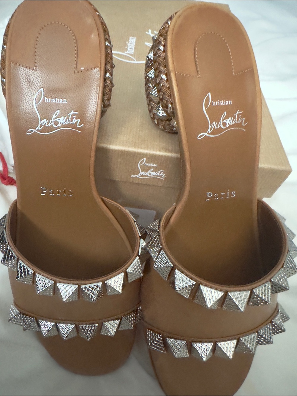 Christian Louboutin Tan Studded Slide Sandals with Signature Red Sole- size 38 - Picture 2 of 7